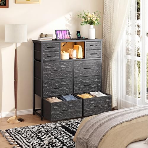 DurayLoly Dresser for Bedroom with 10 Fabric Drawers, Organizer Unit with LED Light & Charging Station, Sturdy Chest of Drawers with 2 Open Wooden Shelves for Hallway, Living Room, Dormitory (Black) - color: Black