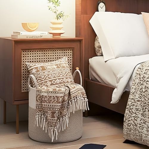 ShellKingdom Laundry Basket, Large Natural Rope Woven Storage Basket with Handles for Home, Living Room, Laundry, Storage Organizer for Blankets, Clothes, Toys, 19.7 x 14.96 INCH (2-Toned White Khaki) - color: 2-Toned White Khaki, size: 58L