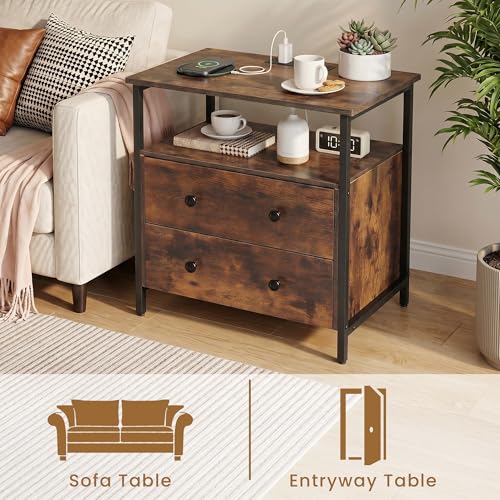 Edbuosy 27 inch Wide Night Stand Set 2 with Charging Station, Bedside Table with Open Shelf, 2 Drawers Small Wood Dresser, Modern Wood Nightstand for Bedroom/Living Room (Retro Brown) - color: 2 Pack, Retro Brown, size: 2 Drawers