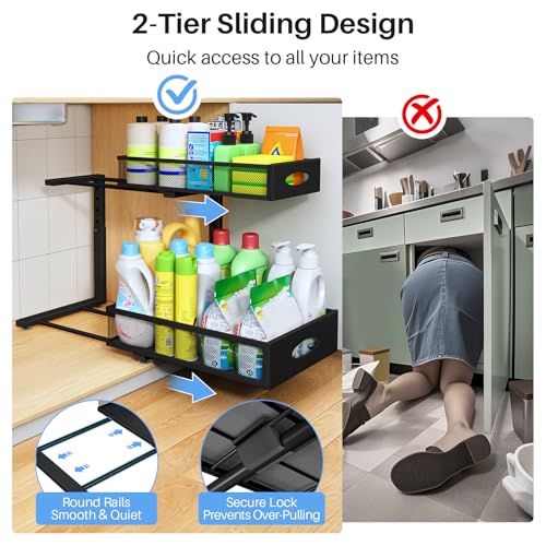 Under Sink Organizer, 2 Pack 2 Tier Pull Out Under Cabinet Organizer Shelf with Pad for Framed Cabinets, Metal Slide Out Under Sink Storage, Mesh Sliding Drawers for Kitchen Bathroom Laundry, Black - color: Black, size: 2-Pack