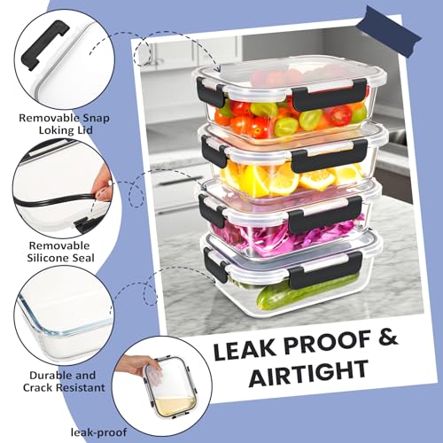 HOTEC 35OZ Glass Food Storage Container, Airtight Glass Lunch Fruit Containers with Lids - Microwave, Oven, Freezer and Dishwasher Safe, 4-PACK - size: 4Pack 35OZ