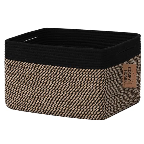 COMFY-HOMI Cotton Rope Woven Basket with Handles for Shelves,Toys,Book, Cloth Storage Baskets Bin for Organizing-13.5"x11"x9.5" Toy Decorative Organizer for Living Room, Bathroom-Black/Jute - color: squ-black/camel, size: 13.5"X11"X9.5"