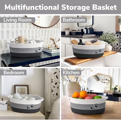 Dog Toy Basket Gift Basket Empty, Woven Storage Baskets for Towels, Cute Dog Storage Bins with Handles, Small Cotton Rope Baskets for Shelf, 13.6"x 10" x 6", Mixed-Gray - color: Grey, size: 13.6"L x 10"W x 6"H