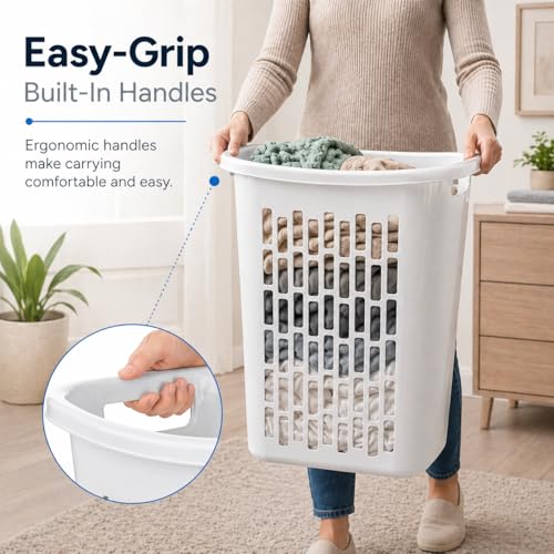 Rectangular Laundry Hamper, Slim Plastic Clothes Basket with Ventilation Holes, Lightweight Open Top Design for Small Spaces, White (2)
