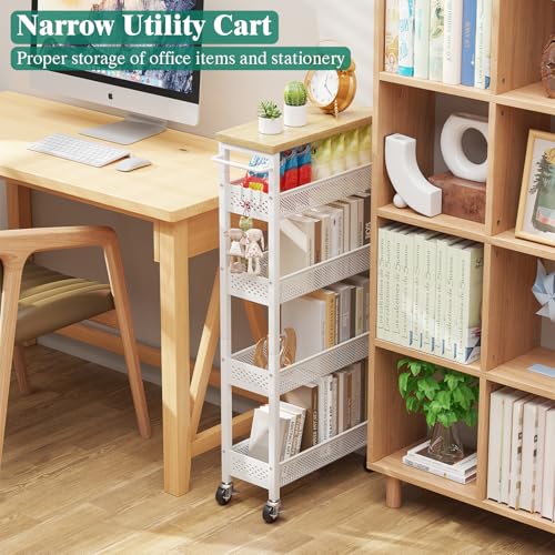 Giwil Slim Storage Cart 5 Tier Narrow Kitchen Rolling Cart on Wheels for Small Space, Metal Utility Cart Narrow Bathroom Storage Cabinet Mobile Shelf Unit Organizer with Wood Top and Handle, White - color: White, size: 5 Tier (W-7.1IN)