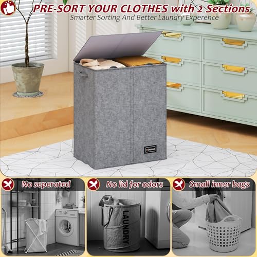150L Laundry Hamper 2 Section, Large Laundry Hamper with Lid, Dirty Clothes Hamper with 2 Removable Inner Bags, Collapsible Laundry Basket Organizer for for Clothes Toys Towels, Hamper 2 Compartment - color: Grey, size: 150L