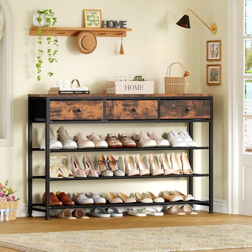 usikey 4 Tier Shoe Rack with 3 Drawers & 3 Oxford Fabric Shelves, Holds 15-18 Pairs, Metal Shoe Storage with Wood Top, Shoe Organizer for Entryway, Closet, Apartment, Rustic Brown UNYXJX022F - color: 4 Tier ( 44.9 X 11 X 30.3 Inches)-rustic Brown