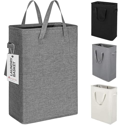 ZERO JET LAG Slim Laundry Hamper With Handles Collapsible Laundry Basket Thin Dirty Clothes Basket Narrow Laundry Bag Foldable Dirty Cloth Hamper 45L (24 inches,Dark Grey) - color: Dark Gray- With Handles