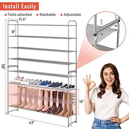 MISSLO 4 Tier Long Shoe Organizer for Closet Shoe Rack for Bedroom Closet Floor Shoe Shelf for Entryway Storage Stackable Wide Shoe Shelf Stores 30 Pairs of Men Sneakers, Grey - color: Grey, size: 4 Tier