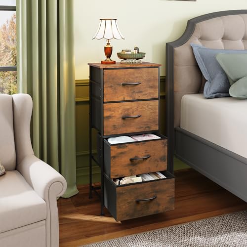 WLIVE Dresser with 4 Drawers, Fabric Storage Tower, Organizer Unit for Bedroom, Hallway, Entryway, Closets, Sturdy Steel Frame, Wood Top, Easy Pull Handle, Rustic Brown Wood Grain Print - color: Rustic Brown Wood Grain Print