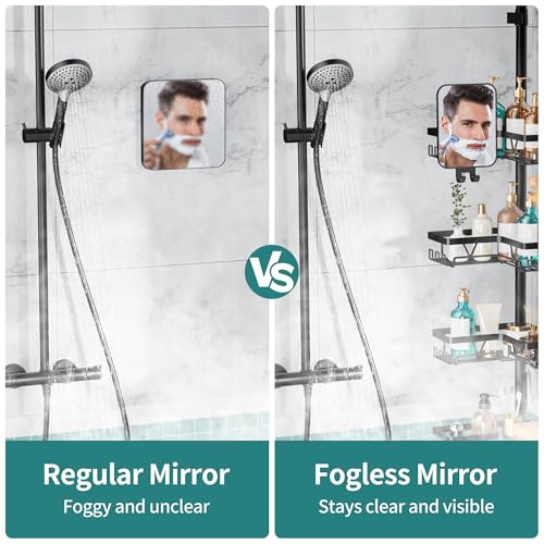 KEGII Shower Caddy Tension Pole - Adjustable Rustproof Corner Bathroom Organizer with Fogless Shower Mirror, 25–114.2 Inch No-Drill Bathroom Storage, Black - style: Tension Caddy with Mirror - Black