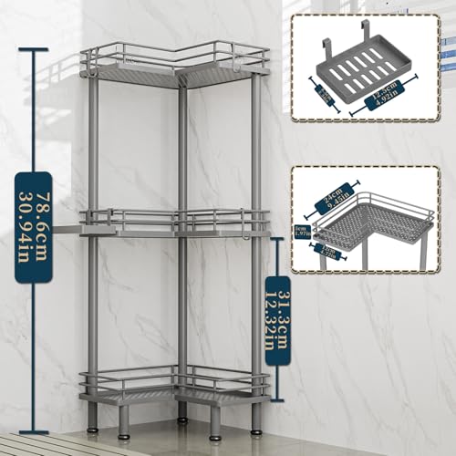 Consumest Corner Shower Caddy Standing - 3-Tier Stainless Steel Shower Organizer with Soap Holder and 4 Hooks, Large Capacity Corner Shelf Stand for Bathroom, Rest Room, Grey - color: Grey, size: 3 Tier