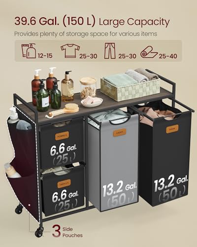VASAGLE Laundry Hamper with 4 Compartments, 39.6 Gal. (150 L) Laundry Sorter, Rolling Laundry Cart with Shelves, Small Side Pockets, 6 Labels, Chestnut Brown, Ink Black and Dove Gray UBLH203B01 - color: Chestnut Brown + Ink Black + Dove Gray, size: 4 Bags