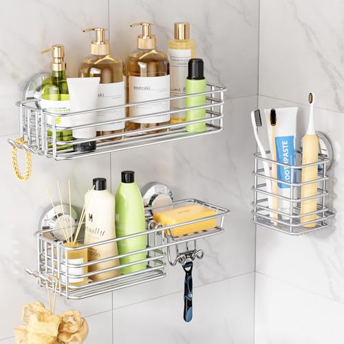 LEVERLOC Shower Caddy Suction Cup, 3 Pack Heavy Duty Bathroom Organizer For Inside Shower With Hooks & Soap Holder, Removable Bathroom Organizer, Rustproof Silver Holder Storage,Silver - color: 3 × Silver