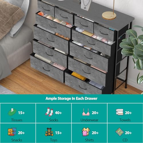VASICAR Gray Dresser for Bedroom with 12 Deep Drawers, Wide Chest of Drawers, Wood Top TV Stand, Tall Fabric Storage Cabinet for Closet, Nursery, Kid's Room - color: Carbon Grey