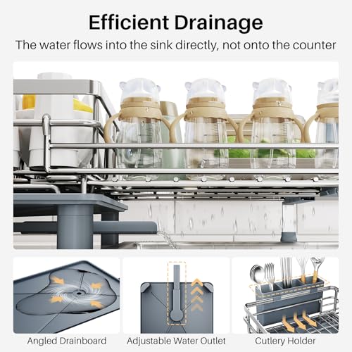 SNTD Dish Drying Rack - Extendable Dish Rack, Large Sink Drying Dish Drainer for Kitchen Counter, Stainless Steel Dish Strainer with Utensil Holder (Silver) - color: Silver