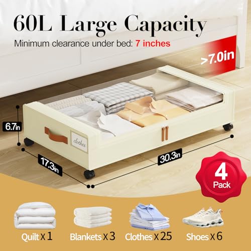 Yecaye Under Bed Storage with Wheels, 4 Pack Under the Bed Storage Containers with Lids & Label, XXL 60L Rolling Underbed Storage Drawers for Clothes, Blankets, Shoes, Beige - color: Beige, size: 4 Pack