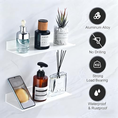 HNVNER White Adhesive Shower Caddy 30cm, Floating Bathroom Shelves for Wall 2 Pack, Metal Bathroom Wall Shower Shelves Storage Organizer for Kitchen Home - color: White, size: 30cm