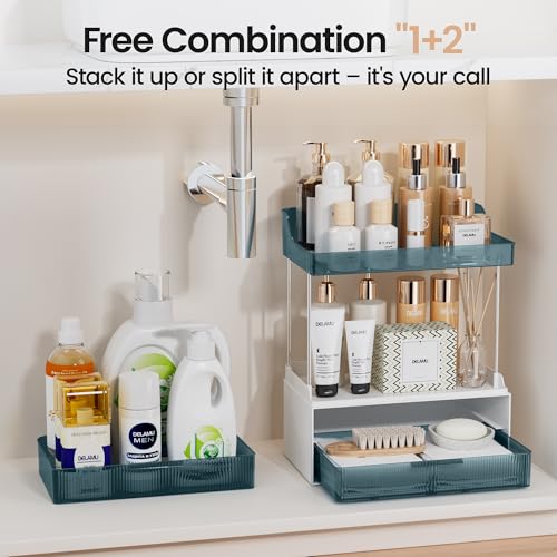 Delamu Bathroom Organizers and Storage, 2 Tier 2 Drawer Makeup Organizer Countertop, Easy to Install, Ideal for Bathroom Counter, Vanity, Blue - color: Blue, size: 2Drawers 1 Pack