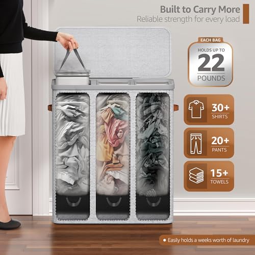 Sorbus Laundry Hamper with Lid - Collapsible 3-Compartment Fabric Laundry Basket with Handles and Removable Laundry Bag – 50 Gallon (190 L) Dirty Clothes Hamper for Bedroom, bathroom and dorm (Gray) - color: Gray, size: 3 Compartment