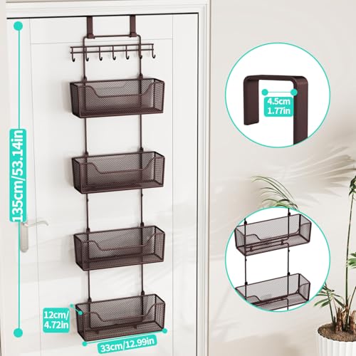 HapiRm Over The Door Organizer - Hanging Door Organizer with 4 Metal Large Capacity Baskets and Adjustable Coat Hook for Bathroom Bedroom Kitchen Pantry Closet Cabinet - color: Brown
