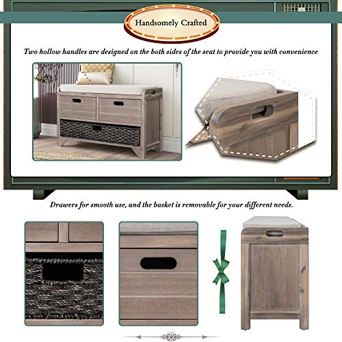 Fully Assembled Solid Acacia Wood Storage Bench - Shoe Organizer with 2 Drawers, Removable Basket & Padded Cushion, Rustic Entryway Bench (White Washed) - color: White Washed