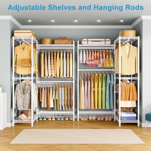 Ulif E4L L-shaped Clothing Rack for Corner, Heavy-Duty Freestanding Garment Rack, Metal Clothes Storage Organizer System with Shelves and Hangers, Max Load 962lbs, 42.7" W x 42.7" D x 79.3" H, White - color: White