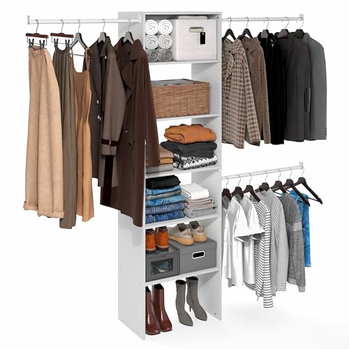 Furinno FANO Closet Organizers and Storage, 5-Tier Wide Closet Storage Organizer with 3 Hanging Bars and Adjustable Shelf, Wardrobe Closet Shelf Tower, 14.8 x 23.6 x 82.1 for Wardrobe, Bedroom, White - color: White, size: 3-Hanging-Bar, 23.6" Wide Shelf