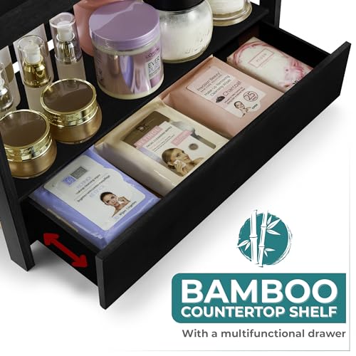 Sorbus Bamboo Bathroom Counter Organizer – 2-Tier Shelf with Hidden Drawer for Vanity, Matcha Station, Bathroom Sink Organizer Countertop, Kitchen & Office Storage (13″ L x 6.5″ W x 12.6″ H) (Black) - color: Black, size: 13" x 6.5" x 12.6"