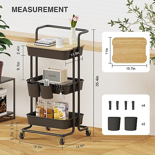 DTK 3 Tier Rolling Cart Uility Cart with Cover Board, Mobile Storage Cart with Wheels, Cups, Hooks for Office Utility Kitchen Bathroom Homeschool Art Craft Postpartum Teacher Cart Organizer(Black) - color: Black, size: Medium
