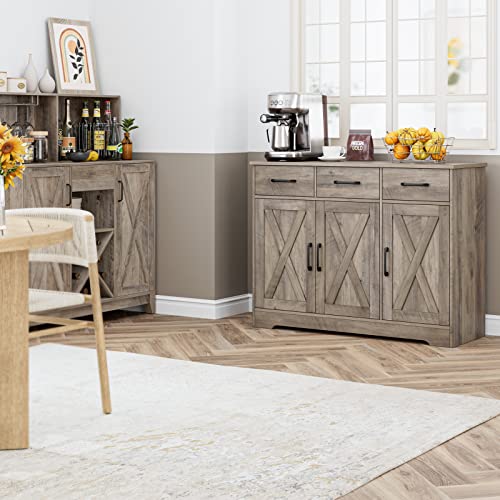 HOSTACK Modern Farmhouse Buffet Sideboard Cabinet, Barn Doors Storage Cabinet with Drawers and Shelves, Wood Coffee Bar with Storage for Dining Room, Kitchen, Living Room, Ash Grey - color: Ash Grey