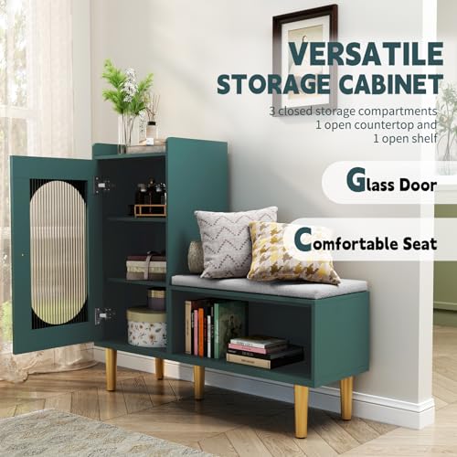 HLR Storage Bench with Glass Door&Shelf, Modern Entryway Shoe Cabinet Bench with Padded Seat, Green L-Shaped Storage Cabinet for Hallway, Bedroom, Living Room, Office - color: Green, size: 1Piece