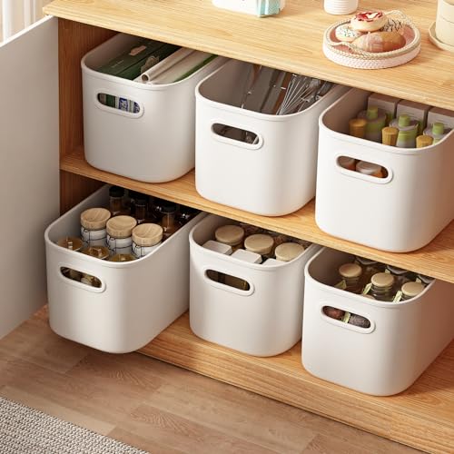6 Pack White Storage Bins with Lids Stackable Storage Container for Organizing, Small Storage Boxes with Handle for Shelves, Cute Organizer Bins for Craft, Snacks, 9.85x6.9x5.7 inch - color: White, size: 6 Pack