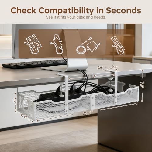 Upgraded 25.2'' Under Desk Cable Management Tray, No Drill Clamp-On Design Wire Organizer, Cable Organization Box for No Damage to Desk, Metal Cord Organizer for Home Office, White - color: White
