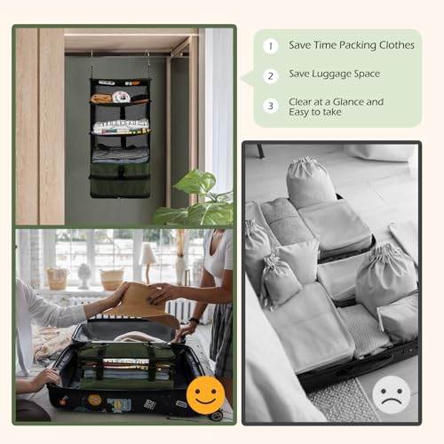 Surblue Hanging Closet Storage Bag Collapsible 3-Shelf Washable Oxford Fabric with 2 Hooks (L 11.41 * 11.41 * 19.68in, Dark Green) - color: Dark Green, size: L 11.41*11.41*19.68in
