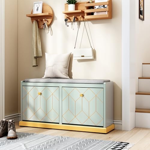 HLR Shoe Bench with Storage, Modern Entryway Bench with 2 Flip Drawer & Padded Cushion Seat, Shoes Storage Bench for Hallway, Closet, Living Room, Green Shoe Storage Cabinet with Bench - color: Green