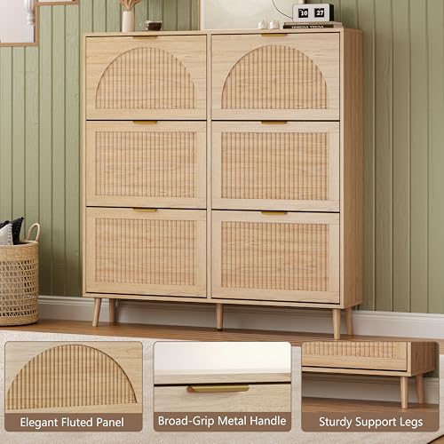 BORNOON Shoe Cabinet for Entryway with 6 Flip Drawers, Slim Wooden Shoe Storage Organizer with Modern Fluted Pannel，Freestanding Narrow Hidden Shoe Rack for Hallway, Foyer, Living Room - color: Oak, size: 6 Flip Drawers