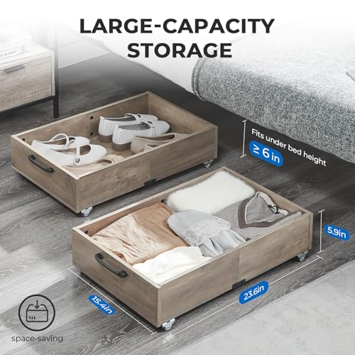 TIOPGHAD Under Bed Storage with Wheels, 2-Pack Under Bed Shoe Storage Organizer Drawer, Composite Wood Particleboard Organizer for Shoes Clothes Containers in Bedroom for Clothes,Shoes(Brownish-Gray) - color: Brownish-Gray