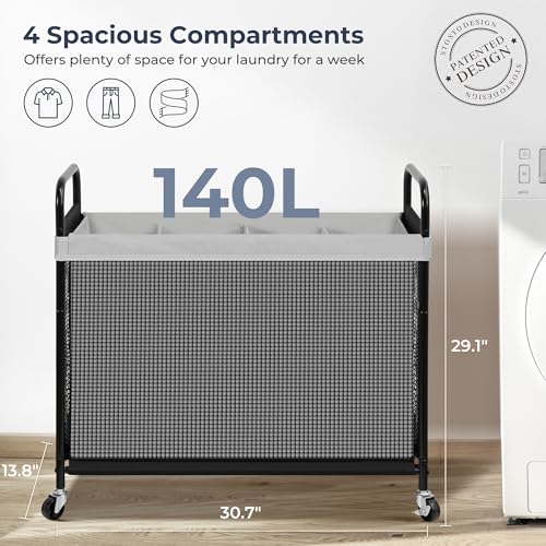 STO STO Laundry Hamper 4 Section, 140L Rolling Laundry Sorter Cart with Removable and Washable Liner Bag, Clothes Hamper with Wheels and Metal Handle for Laundry Room and Bedroom, Gray - color: Gray, size: 4-Section
