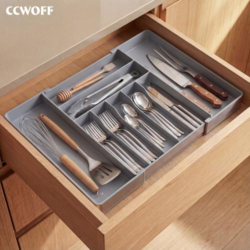 Heavy Duty Stainless Steel Frame Silverware Organizer with Plastic Body, Extra Large Silverware Drawer Organizer, 9 Slot Expandable Kitchen Drawer Organizer, 8 Non-Slip Feet Included, BPA Free, Gray - color: Gray