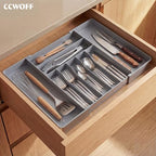 Heavy Duty Stainless Steel Frame Silverware Organizer with Plastic Body, Extra Large Silverware Drawer Organizer, 9 Slot Expandable Kitchen Drawer Organizer, 8 Non-Slip Feet Included, BPA Free, Gray - color: Gray
