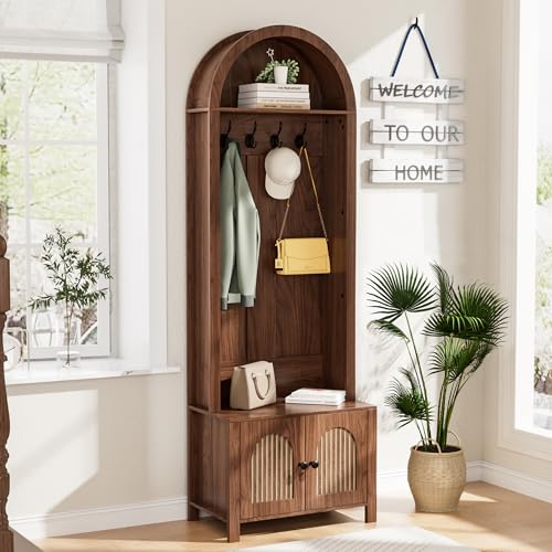 Hall Tree with Bench and Shoe Storage, Entryway Storage Bench with Coat Rack, 70.9"Arch Coat Rack with 4 Hooks and 2 Fluted Doors, Farmhouse Style Furniture Organizer for Hallway (Walnut, 23.7"W) - size: 23.7"W