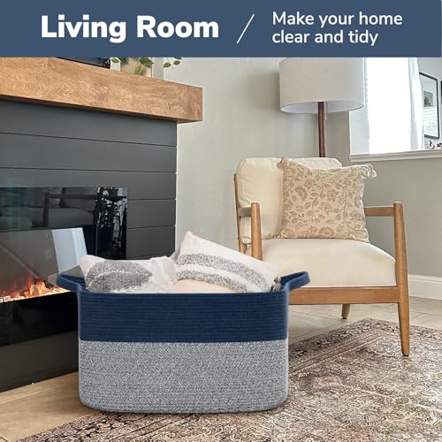 Goodpick Large Blanket Basket 22" x 17" x 12" Woven Storage Baskets for Organizing, Decorative Cotton Rope Basket for Living Room Home Decor, Toy Baskets for Kids, Mixed Blue - color: Blue, size: 22"L x 17"W x 12"H