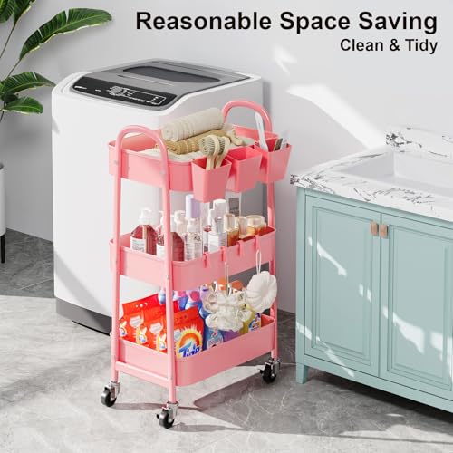 3 Tier Metal Rolling Cart with Lockable Wheels and Handle, Three Tiered Pink Trolley Cart on Wheels, Utility Storage Organizer for Bathroom, Kitchen, Teachers, Art, Crafts, Baby Diaper, Snack, Nail - color: Fashion Pink, size: 3 tier