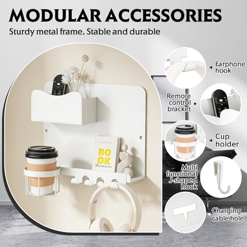 SPOKKI Floating Bedside Wall Shelf Organizer with Remote Control Holder;Metal Adhesive Wall Mount Nightstand Shelf for Bedroom;Dorm Room Essentials;Bed Shelf for Phone,Earphone,Kindle (White) - color: White