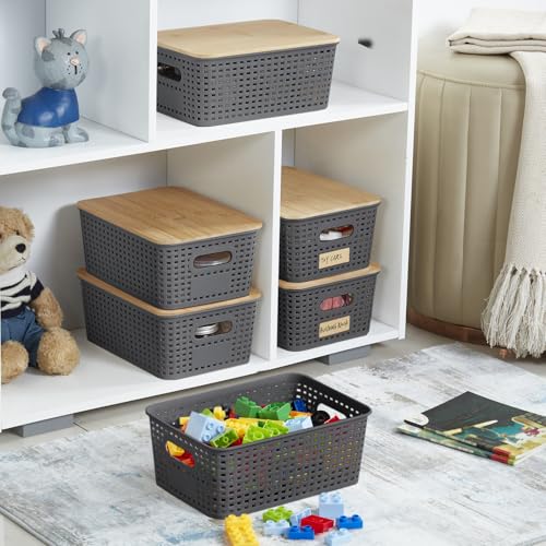 Bagnizer Small Plastic Storage Bins with Bamboo Lids 5.2qt Stackable Box Basket Pantry Decorative Containers Cute with Lable for Organizing Desktop Closet Office Gray of 6 packs 10 * 7.2 * 4.1" - color: Gray, size: Small- 6 Pack