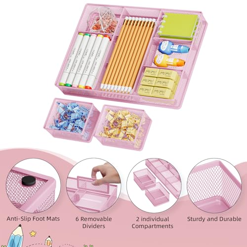 Marbrasse 3 Packs Desk Drawer Organizers, Metal Mesh Dividers with 9 Adjustable Compartments, Pen Organizer for Drawer Tray Box Accessories for Desktop,Kitchen, Makeup(Pink) - color: Pink