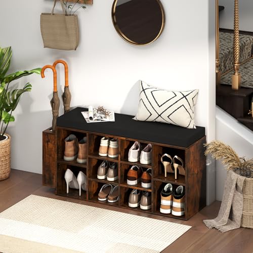 Giantex Shoe Storage Bench with Umbrella Stand, 10-Cubby Entryway Shoe Rack Organizer with Padded Seat, Adjustable & Removable Shelves for Hallway, Living Room & Bedroom (Rustic Brown) - color: Rustic Brown