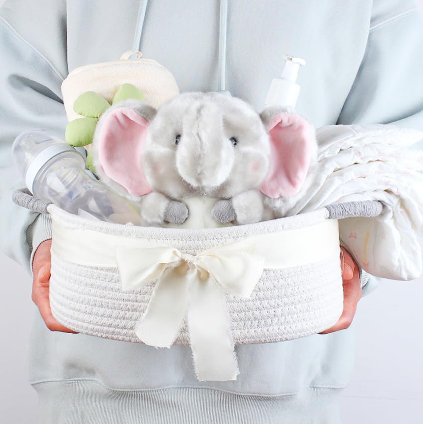 Yimi's Dream Basket for Gifting, Small Baskets for Shelves, White Cotton Rope Basket with Grey Handle for Decor, Baby Cat Dog Toy(Oval, 12"x 8"x 5") - color: white with grey handle, size: Oval - 12"x8"x5"