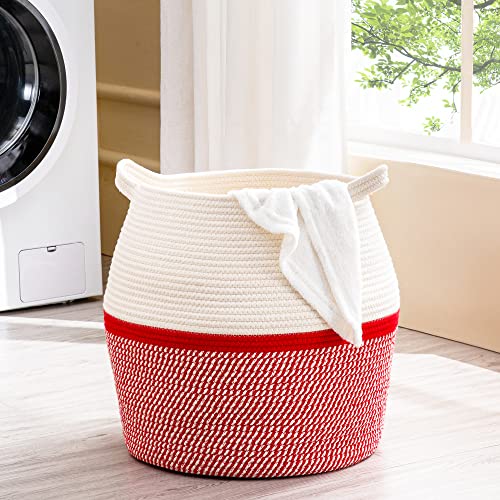 KAKAMAY Woven Baskets for Storage(17"x17"),Large Cotton Rope Woven Baby Laundry Hamper,Collapsible Laundry Basket, Blanket Basket for Organizing Living Room,Nursery,Pillows,Toy Chest(Red) - color: Red